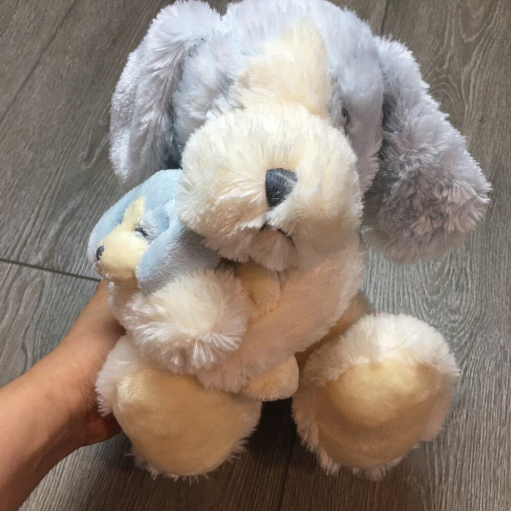 applause plush blue white dog with baby lovey cute gray 9" with rattle